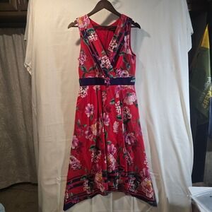 CHRIS MCLAUGHLIN Red Floral V Neck Sleeveless Midi Dress Size 8